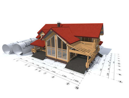 3D rendering of a house project on top of blueprintsの写真素材