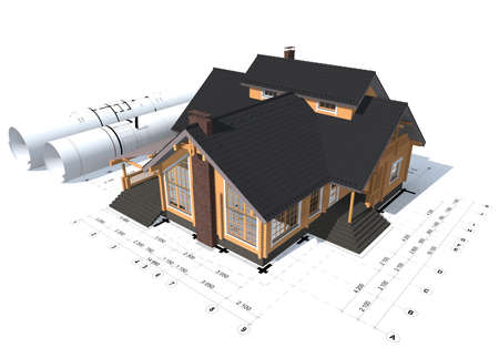 3D rendering of a house project on top of blueprintsの写真素材