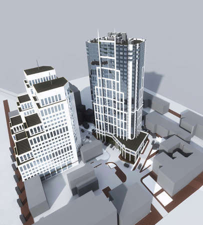 Two high-rise modern buildings isolated on grayの写真素材