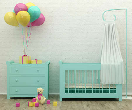 kids  bed room mint interior 3d rendering image with presents, balloons and a toyの写真素材