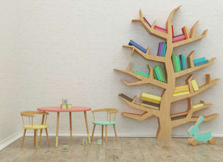 kids game room interior 3d rendering image with colorful books and toysの写真素材
