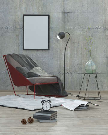 mock up poster frame in modern interior background, 3D renderの写真素材