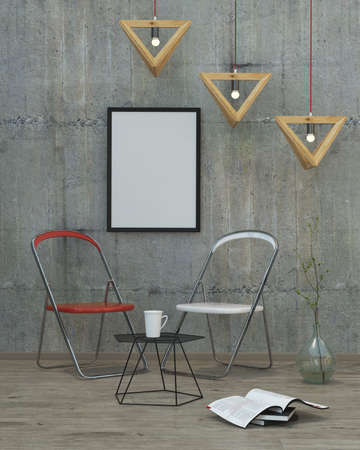 mock up poster frame in modern interior background, 3D renderの写真素材