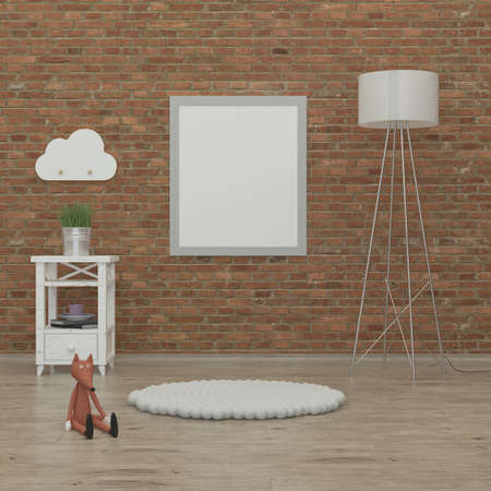 kids bedroom interior 3d rendering image with brick wall, white furniture books and a foxの写真素材