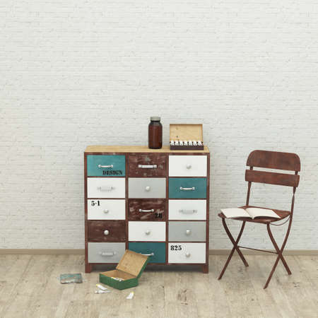 loft style modern interior background with chair, paint, brush, brick wall, 3D renderの写真素材