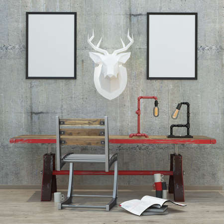 loft  style modern interior background with frames, concrete wall , 3D renderの写真素材