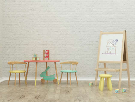 kids game room interior 3d rendering image with board and toysの写真素材