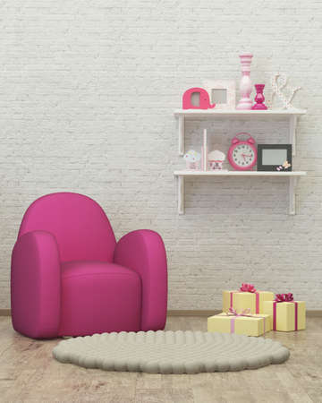 kids room interior 3d render image with armchair, decor and presentsの写真素材