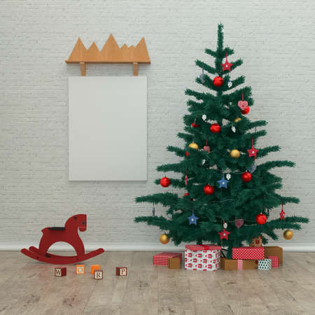 New year kids interior, Christmas tree, toys, 3D renderの写真素材