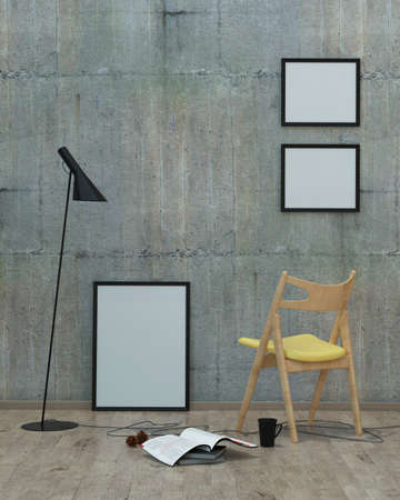 loft  style modern interior background with frames, concrete wall, yellow chair , 3D renderの写真素材