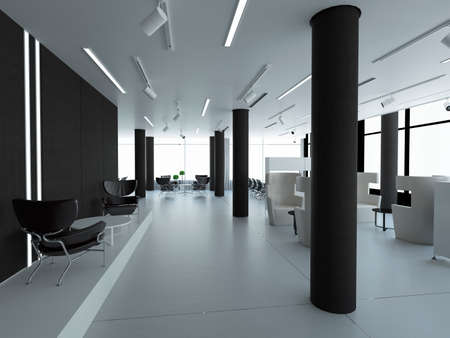 Empty office, white wall beside of panoramic window, workplace. 3D renderingの写真素材