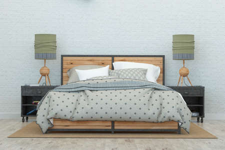 Bedroom in loft style and white walls. 3D Renderingの写真素材