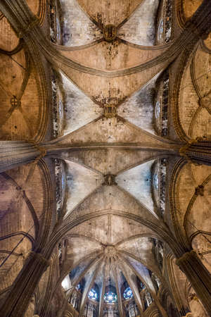 Interior of the Cathedral of Barcelona detail of the central naveのeditorial素材