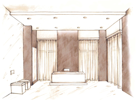 Hand drawn sketch of a modern bathroom interior on white backgroundの写真素材