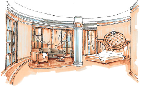 Hand drawn sketch of a beige classic bedroom interiorの写真素材