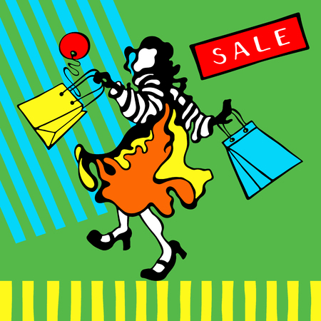 Figure of happy brunette girl with shopping bags on a graphic background. Sale card. Vector illustration.のイラスト素材