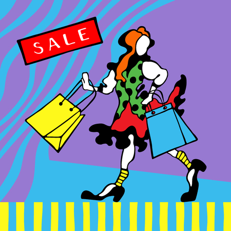 Figure of happy readhead girl with shopping bags on a graphic background. Sale card. Vector illustration.のイラスト素材