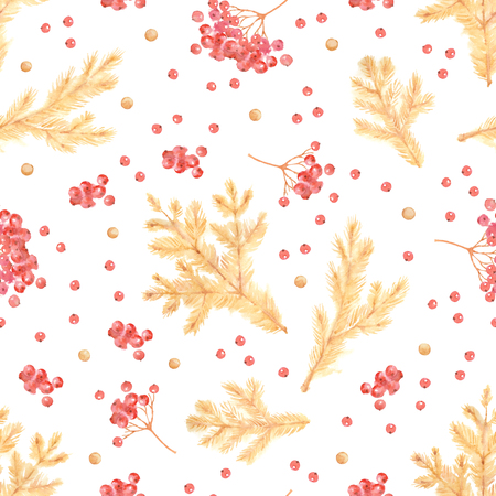 Seamless pattern of rowan berries, golden confetti and pine branches. Christmas decoration. Watercolor illustration.の写真素材