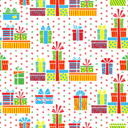 Seamless pattern of colorful stylized gift boxes and dots on a white background. Vector illustration.のイラスト素材