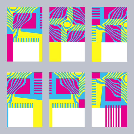Colorful graphic set of card templates with stylized yellow, blue and pink pattern. Vector illustration.のイラスト素材
