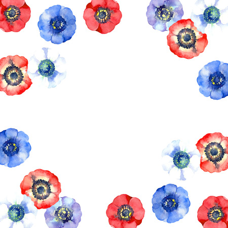 Red, blue, purple and white flowers of Anemone, buds and leaves on a white background. Colorful set. Watercolor illustration.の写真素材