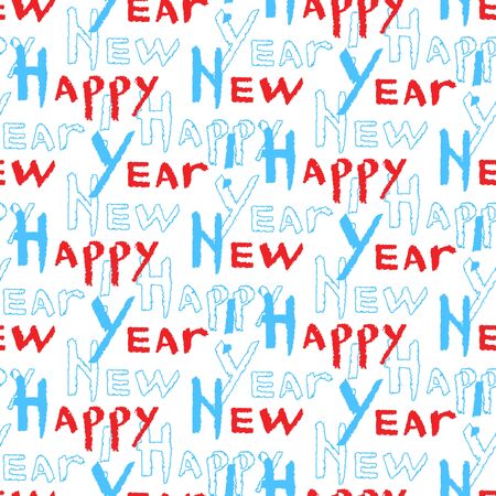 Seamless pattern of Happy New Year calligraphy. Blue and red phrase in trendy style. Vector illustration of winter symbols on a white background.のイラスト素材
