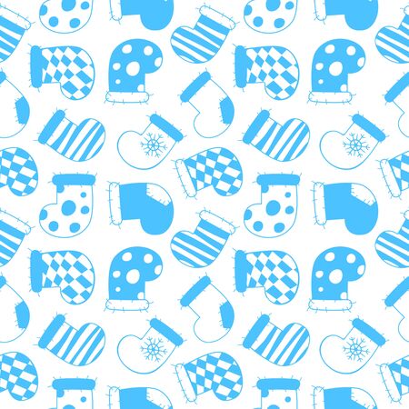 Seamless pattern of blue Christmas stockings with snowflakes, patchs, stripes and checkered fabric. Vector illustration of winter symbols on a white background.のイラスト素材
