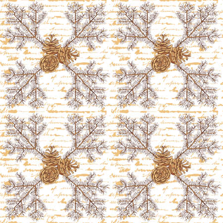 Ponderosa pine cones and branches. Vintage seamless pattern on an unreadable calligraphy background. Hand-drawn collection of winter symbols. Vector illustration.のイラスト素材