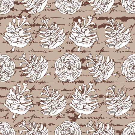 Ponderosa pine cones. Seamless sepia pattern on unreadable calligraphy background. Vector illustration.のイラスト素材