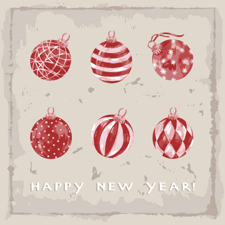 Six red christmas balls on a vintage background. Happy new year. Greeting card. Vector illustration.のイラスト素材