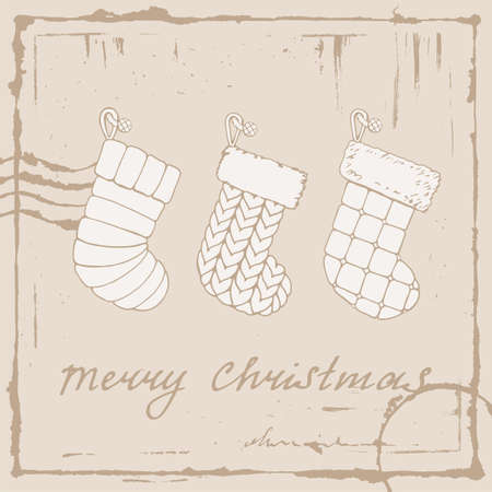 Three knitted Christmas stockings Vintage hand drawn Christmas Card. Vector illustration of winter symbols.のイラスト素材