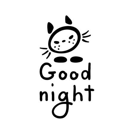 Good Night lettering and cat icon. Hand drawn cartoon collection. Vector illustration on white background.のイラスト素材