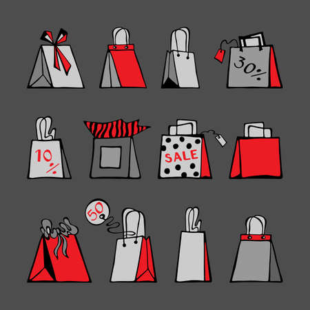 Shopping bags icons and tags. Hand-drawn set. Vector illustration on a white background.のイラスト素材