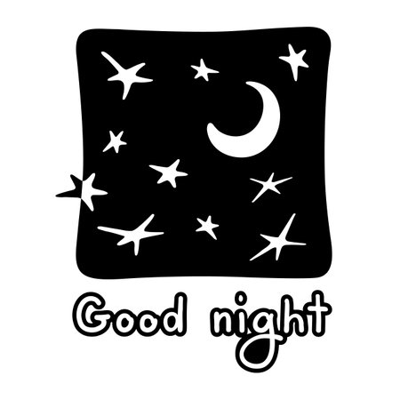 Cat icon and Good Night lettering. Black and white seamless pattern. Hand-drawn cartoon collection. Vector illustration.のイラスト素材
