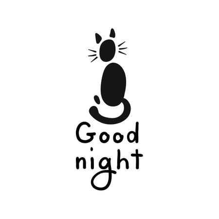 Cat icon and Good Night lettering. Black and white seamless pattern. Hand-drawn cartoon collection. Vector illustration.のイラスト素材