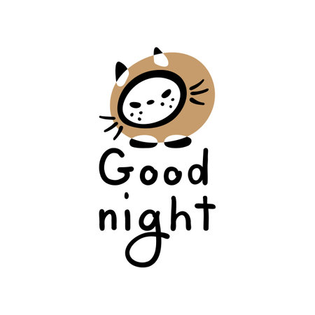 Cat icon and Good Night lettering. Black and white seamless pattern. Hand-drawn cartoon collection. Vector illustration.のイラスト素材
