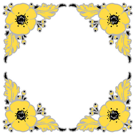 Floral frame. Four big Illuminating yellow flowers and wildflowers. Vector illustration on a white background.のイラスト素材