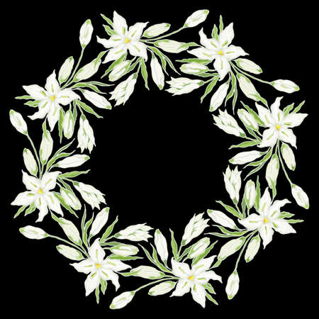 Casa Blanca Oriental Lily. Wreath of white flowers and buds. Wedding invitation and greeting cards template. Vector illustration on a black background.のイラスト素材