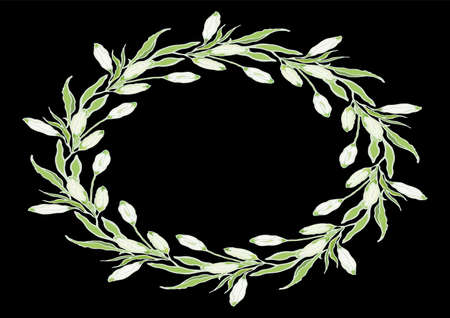 White Lilium Casa Blanca. Oval wreath of buds. Wedding invitation and greeting cards template. Vector illustration on a black background.のイラスト素材