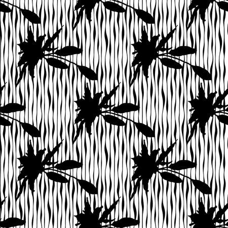Oriental Lily and black wavy stripes. Seamless pattern of flowers and buds. Vector illustration on a white background.のイラスト素材