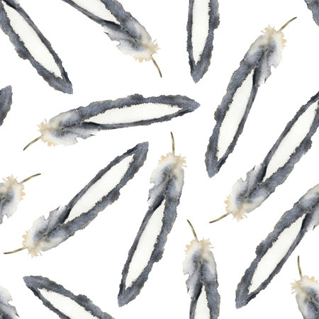 Black and white feathers with an yellow stripe. watercolor seamless pattern. hand-drawn art. Artistic illustration on white background.の写真素材
