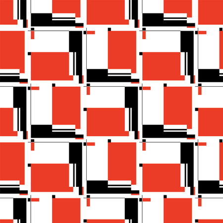 Red rectangles and black geometric elements. Composition of squares, circles, lines and rectangles. abstract seamless pattern. Avant-garde graphic style design. Vector illustration on white background.のイラスト素材