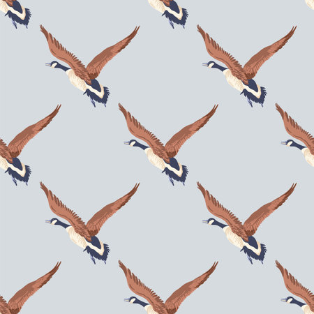 Canada geese. Color vintage style flying birds. Seamless pattern. Hand-drawn graphic design. Vector illustration on color background.のイラスト素材