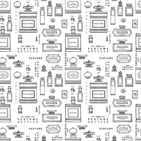 Rectangular antique glass perfume bottles with antique caps and cork stoppers, lettering. Black and white fashion seamless pattern. Vector illustration on a white background.のイラスト素材