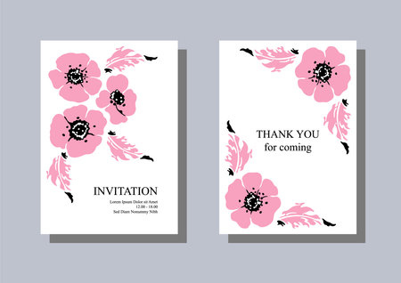 Three pink Anemone flowers and leaves. Two vector floral poster templates. Hand drawn artistic illustration on white background.のイラスト素材
