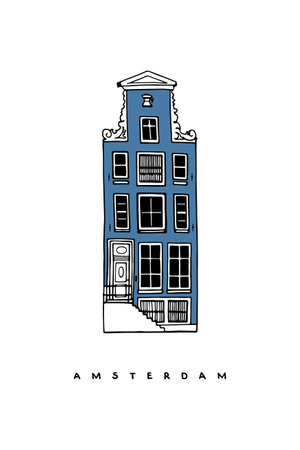 Blue classic house of Amsterdam, Netherlands. Hand-drawn poster, cover, postcard and banner template. Vector illustration on a white background.のイラスト素材