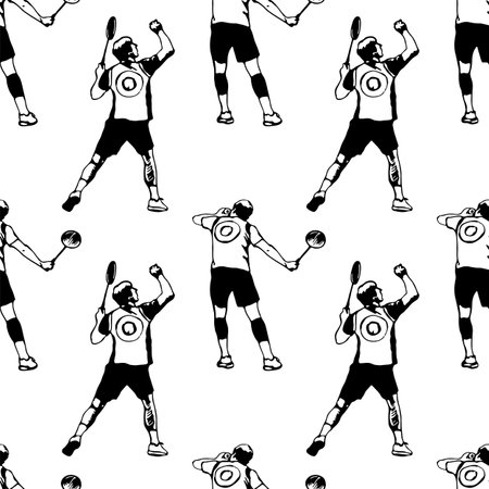 Badminton players with racket. Seamless pattern. Black and white sports collection. Vector illustration on a white backgroundのイラスト素材