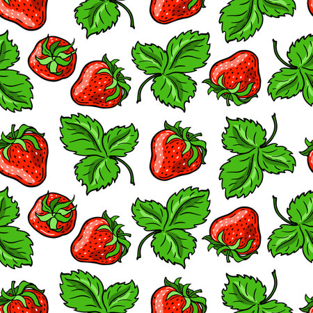 Red strawberries and green leaves. Seamless pattern. Banner with color berries. Hand-drawn flat image. Vector illustration on a white background.のイラスト素材