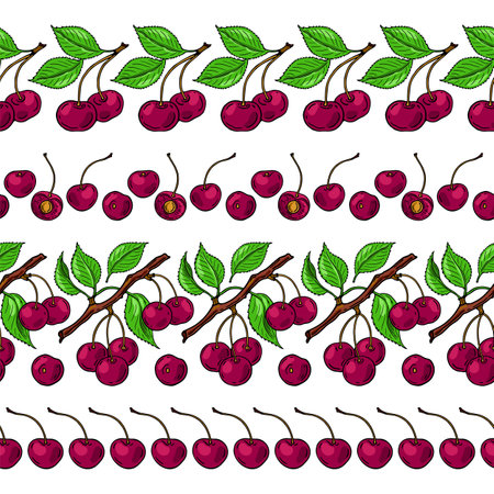 Cherry branch, red cherry and green leaves. Seamless pattern set. Banner with color berries. Vector...