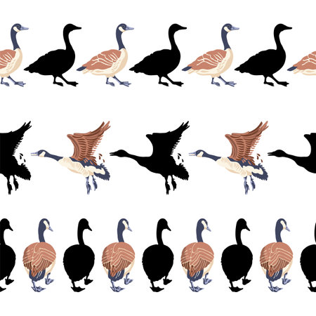 Canadian geese. Seamless border. Black silhouettes. Vintage set of birds. Vector illustration on a white background.のイラスト素材